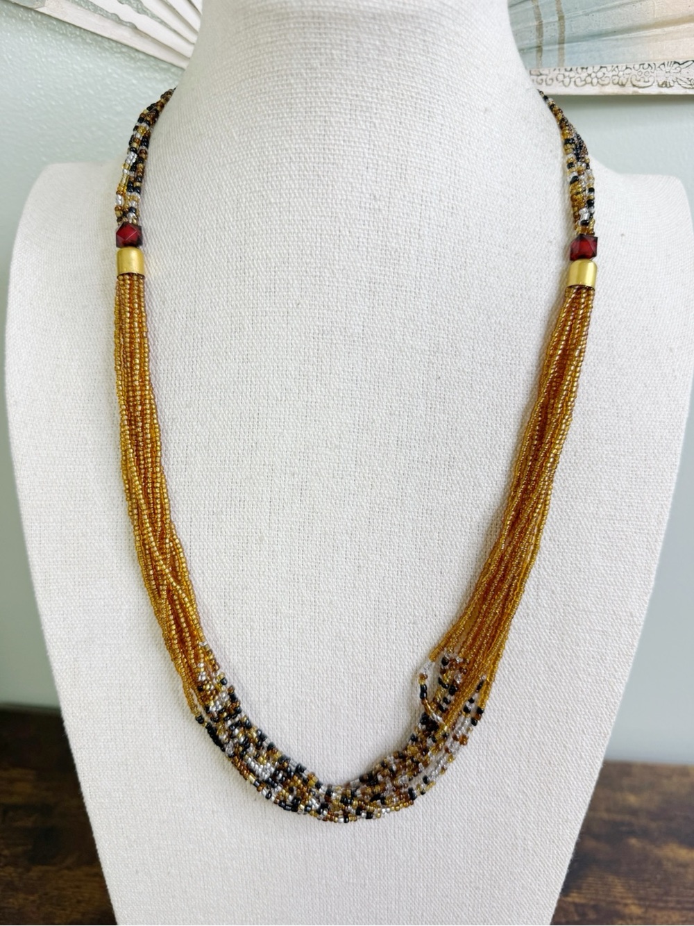 Gold and Black Multi-Strand Glass Seed Bead Necklace Red Accents Tribal Ethnic